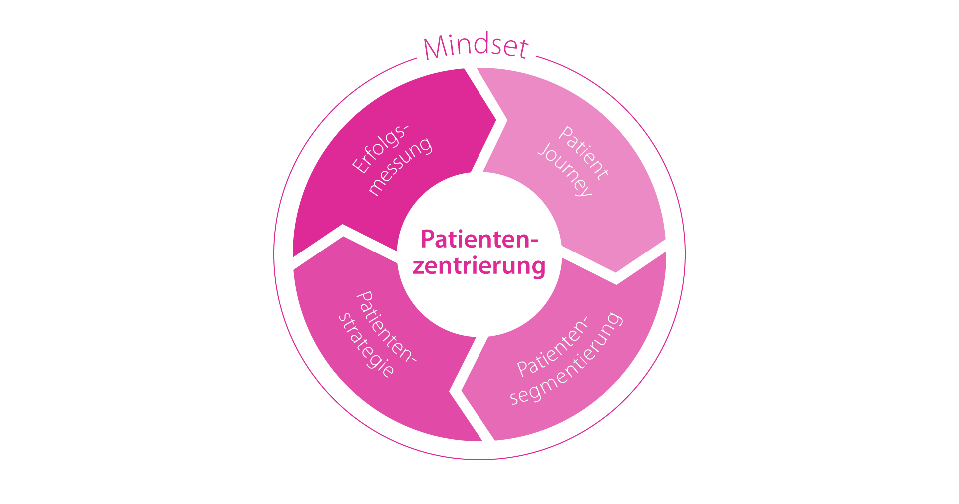 Infografik Mindset Patientenzentrierung: Patientenzentrierung umfasst Erfolgsmessung, Patient Journeys, Patientenstrategie und Patientensegmentierung.